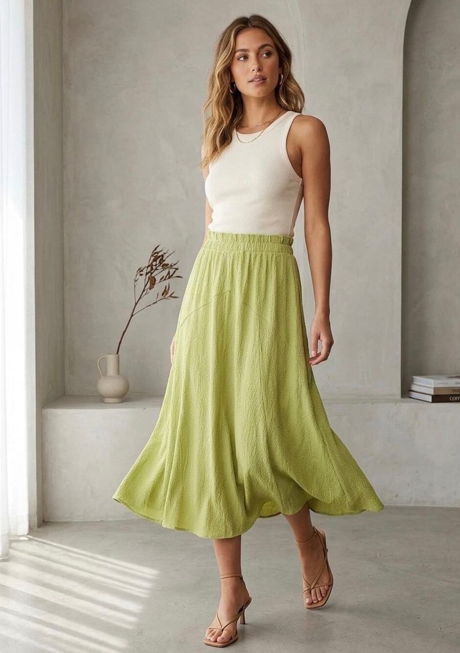 Vintage Lime Crinkle Textured Elastic Waist Maxi Skirt XL Resortwear 90s Boho